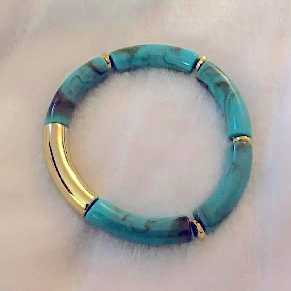NWT Boho Boutique Turquoise Tube Bead Gold Tone Stretch Stacking Bracelet